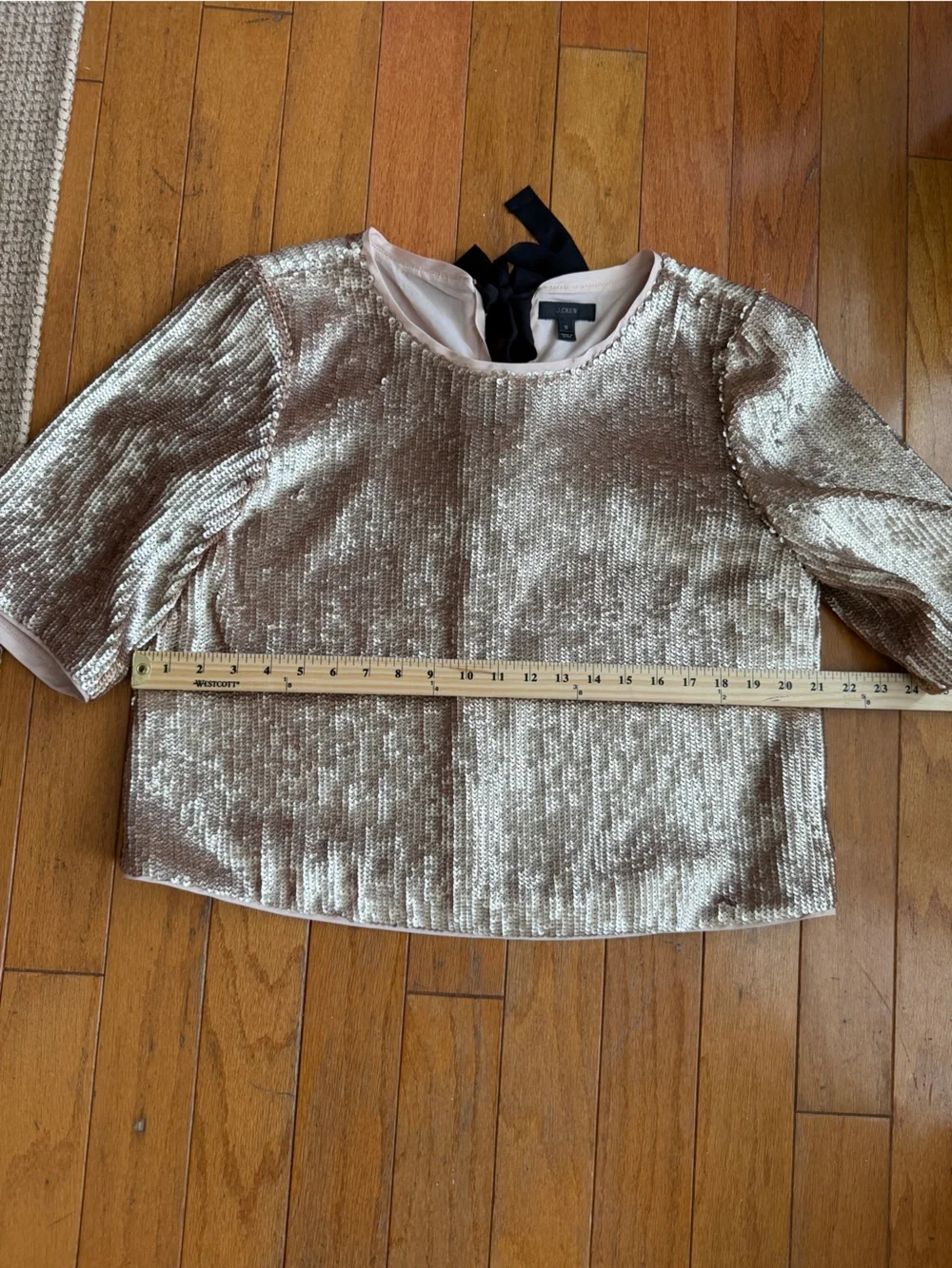 J Crew Rose Gold Sequins Top Bow Back Cropped Blouse Size 10 Party Holiday